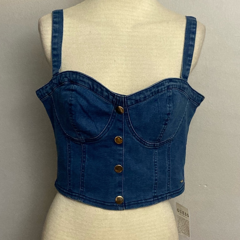 9-27 Guess Bustier Crop Top Denim Cowgirl Blue Large Festival Corset NWT